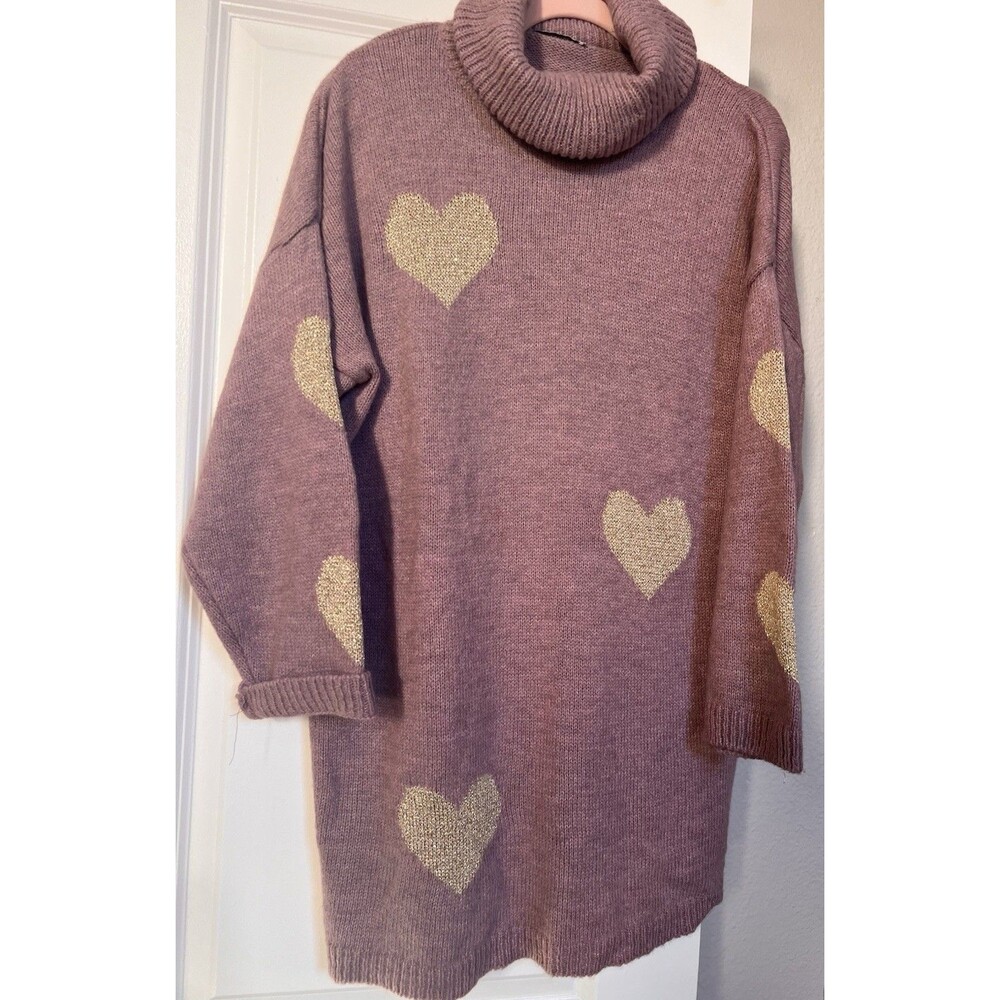 Diverse Italia Pink Sweater With Gold Hearts Size L To XL Turtle Neck